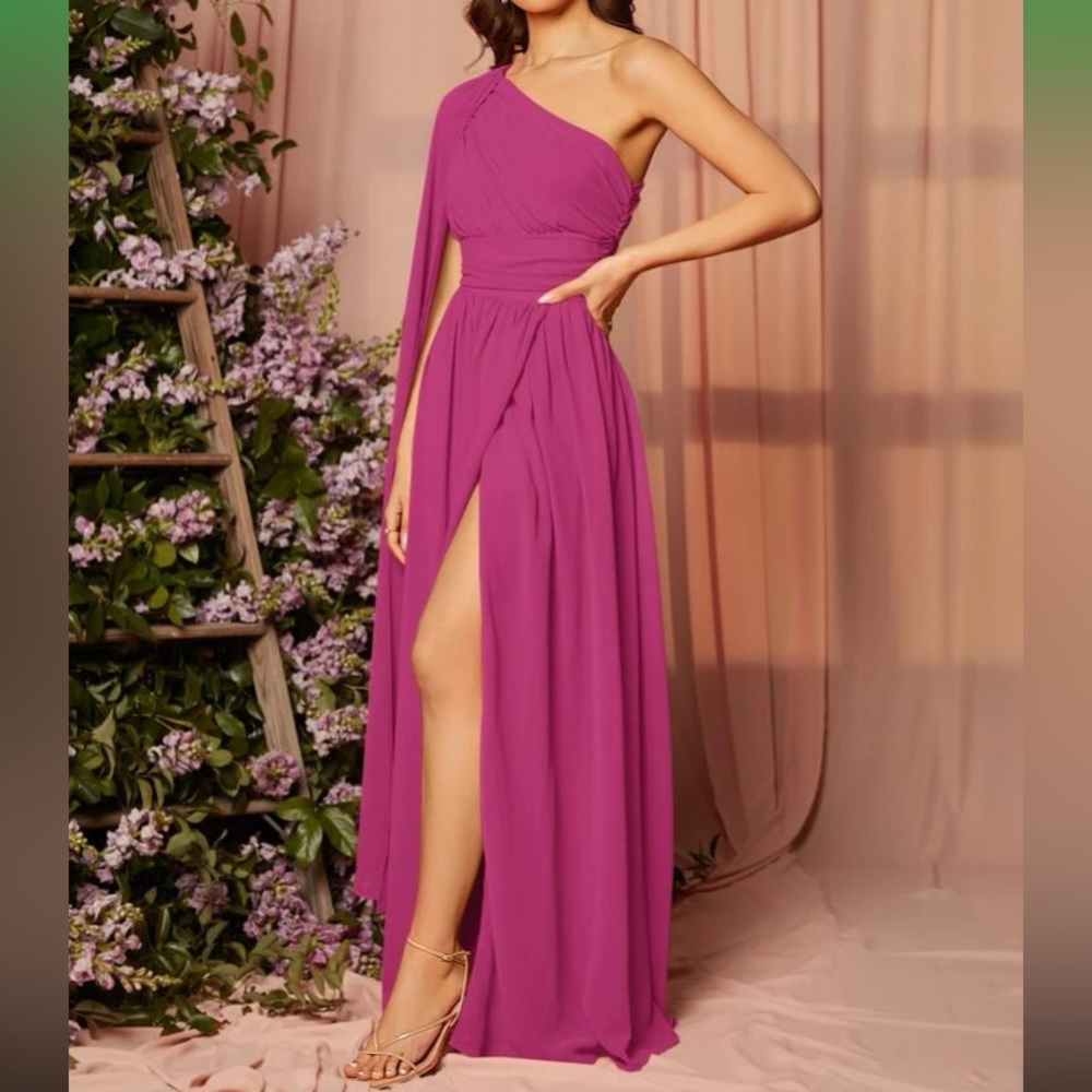 Luxe one shoulder draped detail party bridesmaids evening dress - Picture 14 of 16